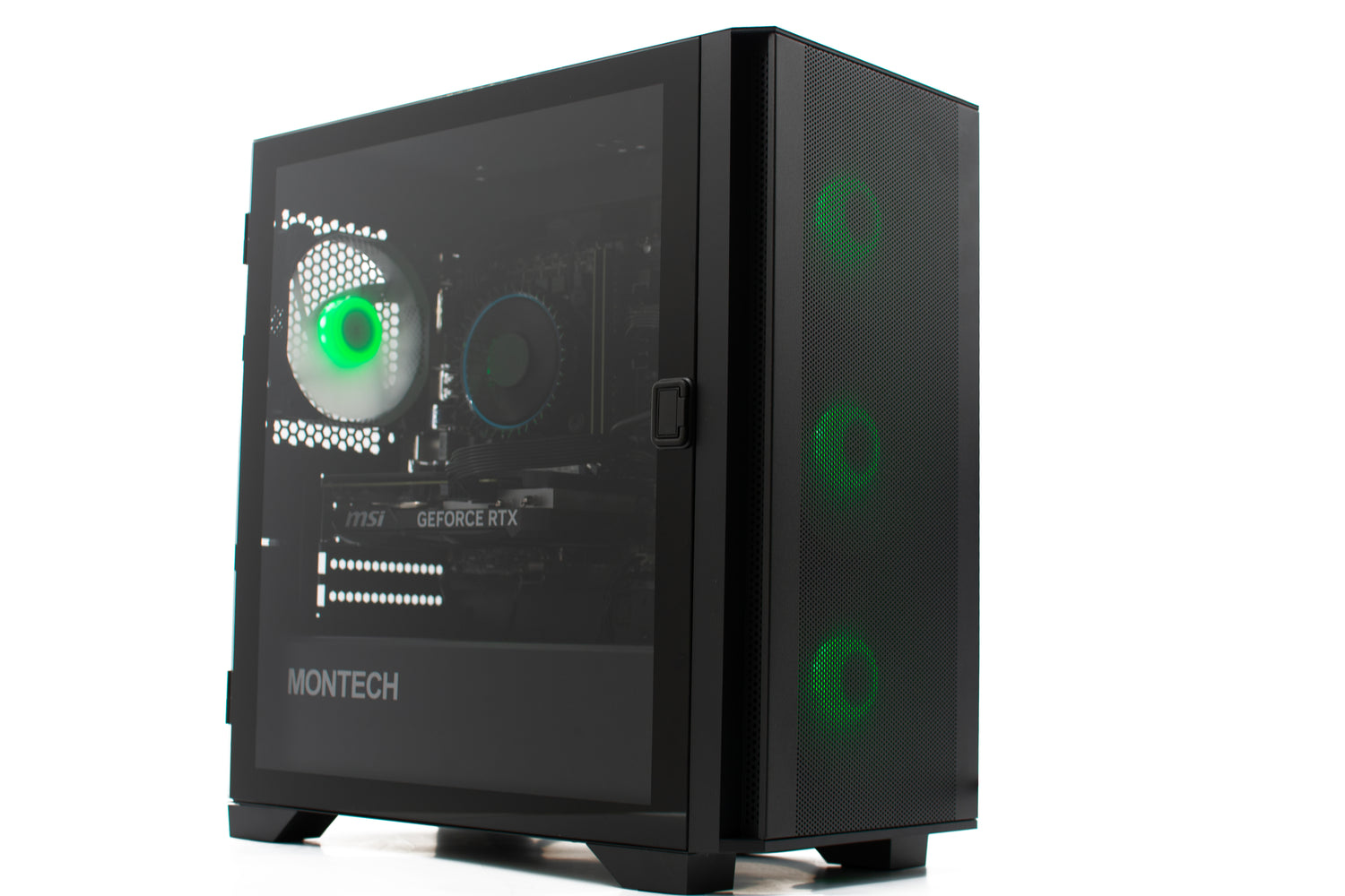 Gamer PC Luna series PC side view with glass panel and green fans