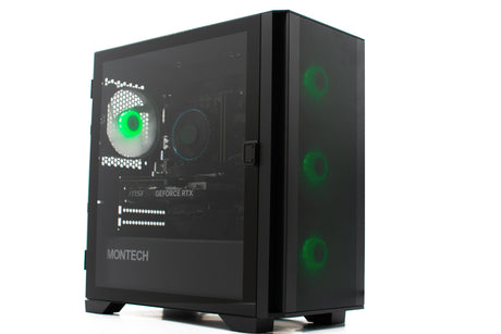 Gamer PC Luna series PC side view with glass panel and green fans